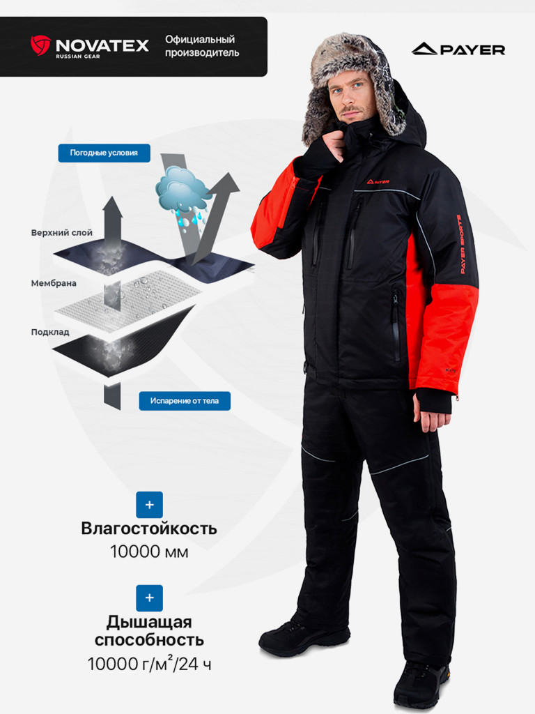 Костюм зимний мембранный для рыбалки Кайт PAYER,-35, черный-красный