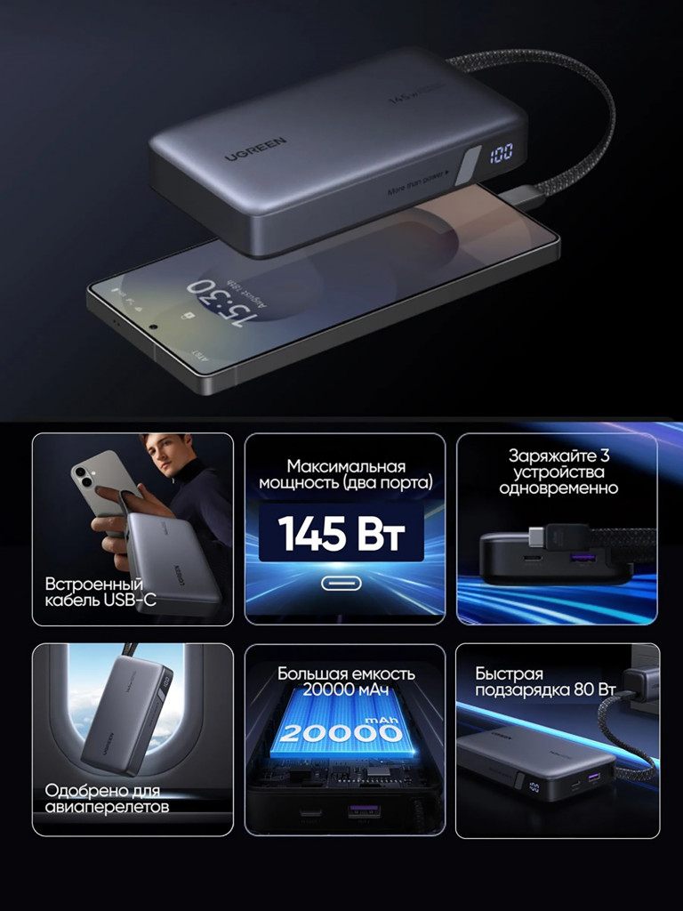 Внешний аккумулятор UGREEN PB551 (55992B) 145W Power Bank 20000mAh USB-C&USB-A со встроенным кабелем USB-C