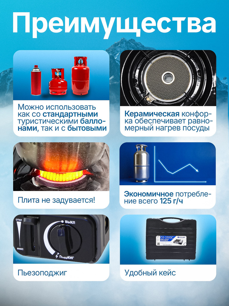 Газовая плита Ice Cube GS-2500, керамическая горелка, 2.3 кВт, 165 г/ч (+переходник)