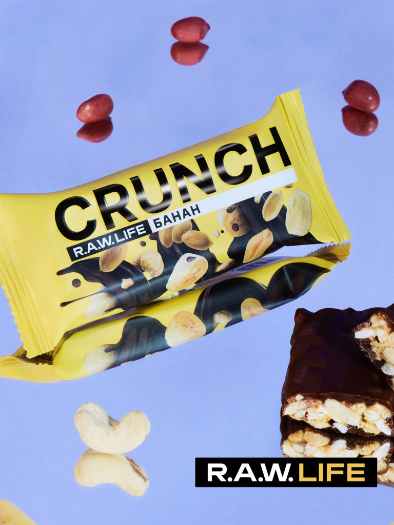 Энергетические батончики без сахара Роулайф R.A.W.LIFE CRUNCH с бельгийским шоколадом / Злаковые, натуральные, много орехов / Банан 12 шт по 40 гр