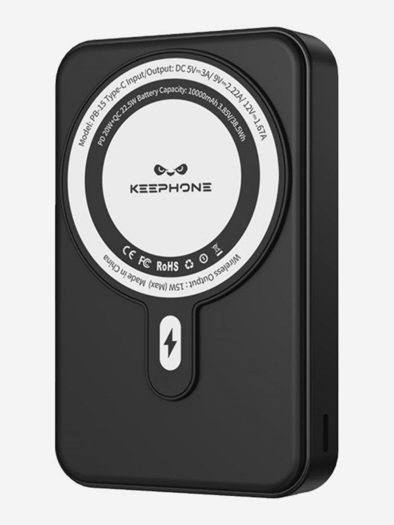 Повербанк с беспроводной зарядкой для телефона KEEPHONE Snap Stand / Быстрая зарядка аккумулятора: 10000 мАч, подставка — Чёрный