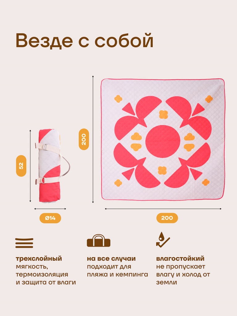 Плед туристический KLMN 200×200 см для кемпинга и пикника, бежевый