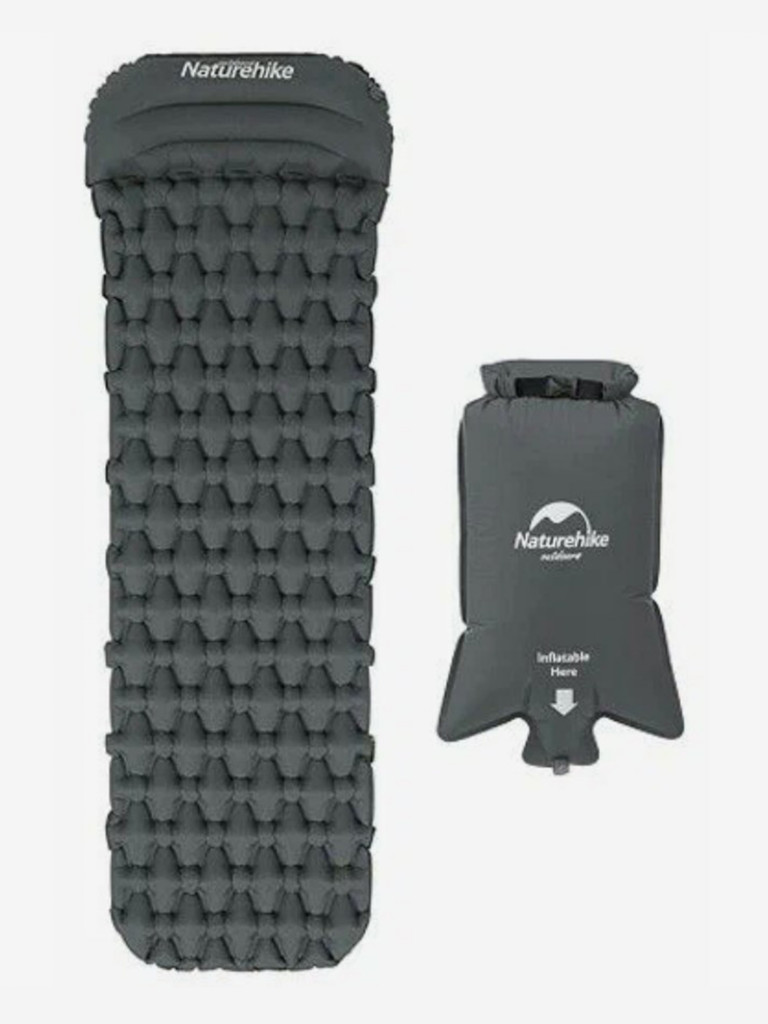 Коврик надувной Naturehike с подушкой, 185x55x3,5 см, 185x55x3,5 см, серый