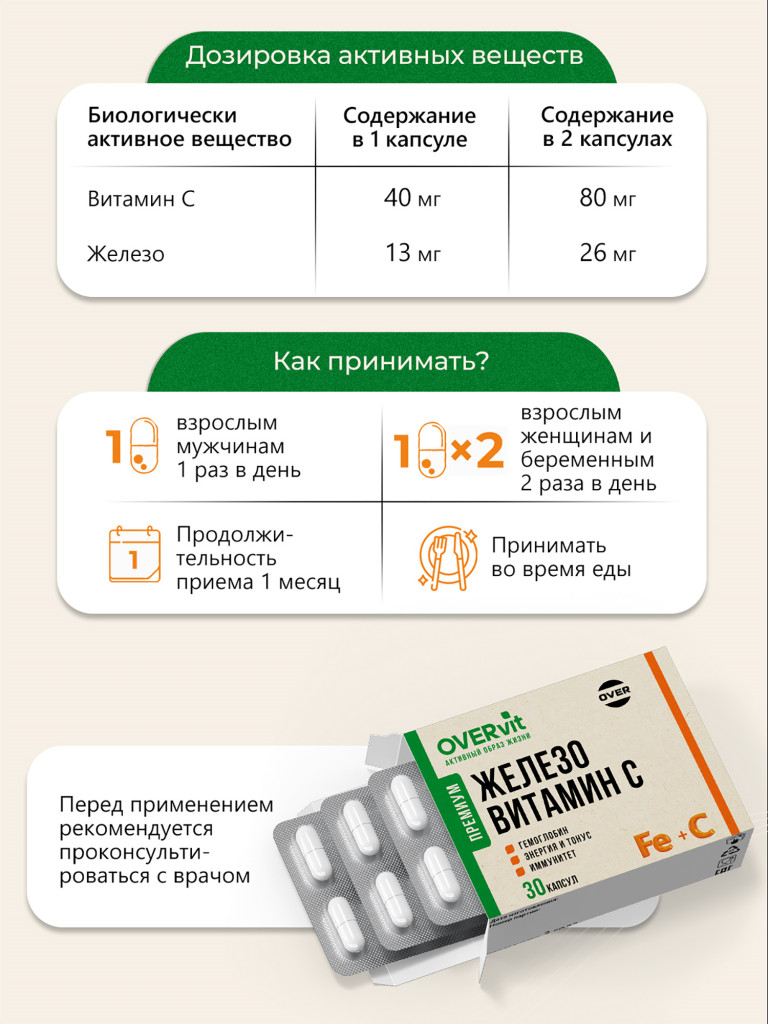 Железо + Витамин С OVER, 30 капсул