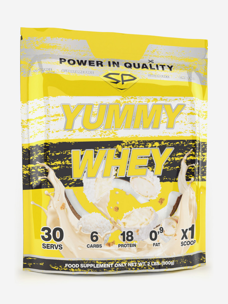 Сывороточный протеин Steelpower Yummy Whey, 900 г, 60% белка, Кокос,  Сливочный крем (рафаэлло) желтый цвет — купить за 1420 руб. со скидкой 11  %, отзывы в интернет-магазине Спортмастер