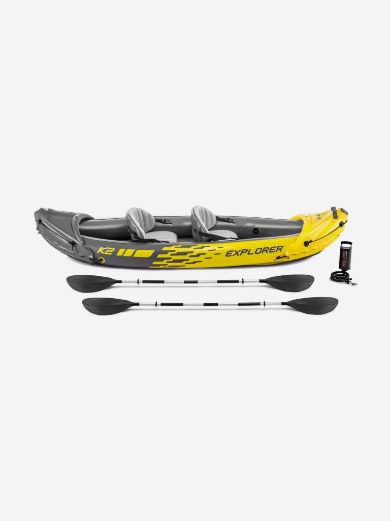 Лодка надувная Intex 68307 Explorer K2 Kayak, 2-местная, насос, алюминиевые  весла желтый/серый цвет — купить за 19430 руб., отзывы в интернет-магазине  Спортмастер