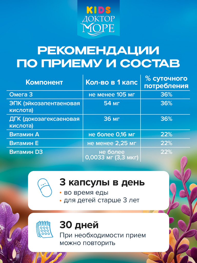 Омега 3 для детей, рыбий жир для детей, витамины для иммунитета, для мозга и зрения, жевательные капсулы, 120 капсул / Доктор Море