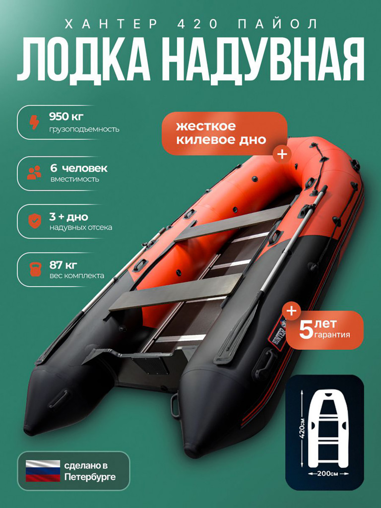 Лодка пвх под мотор Хантер 420 красно черный