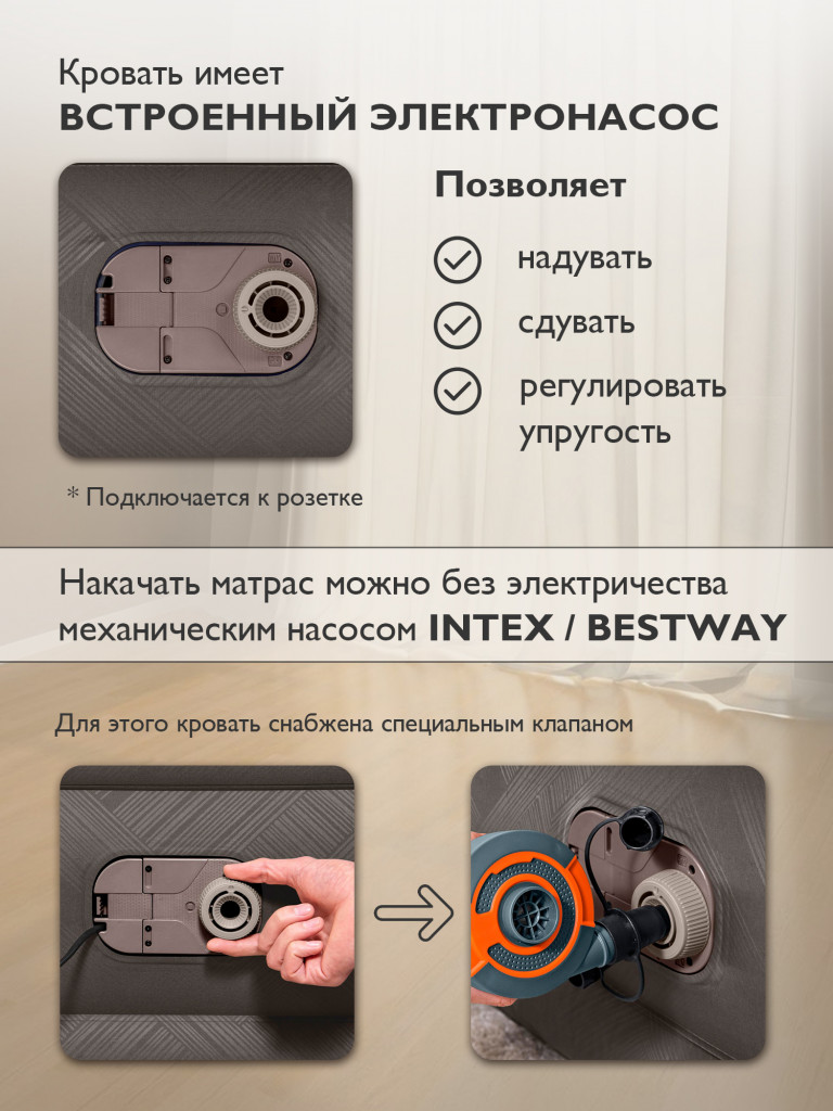 Кровать Bestway 69050 надувная 152х203х46см с встроенным насосом 220В