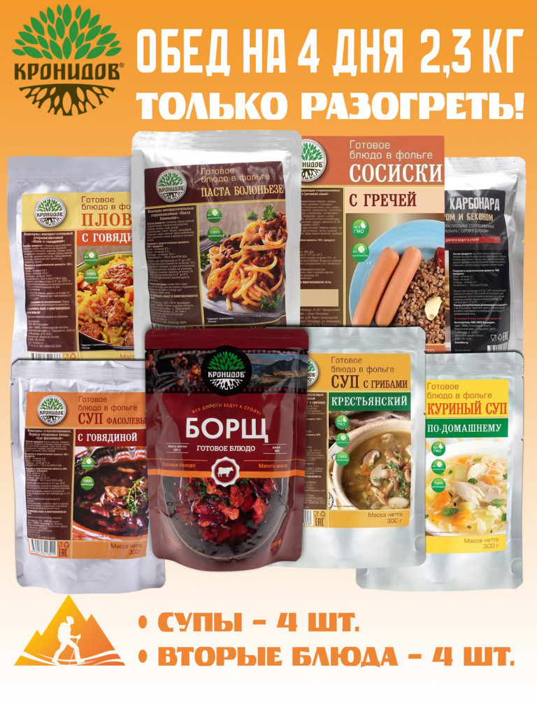 Набор 8шт, Готовый обед на 4 дня: Борщ,Кур,Крест,Фасол-ПастаБ,ПастаК, Плов, Греч с сосиск (Кронидов)