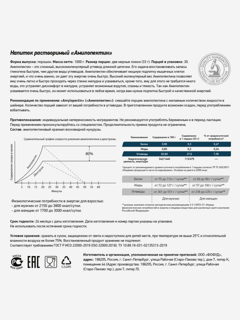 Гейнер AMYLOPECTINE 1000 g Без вкуса Geneticlab Nutrition