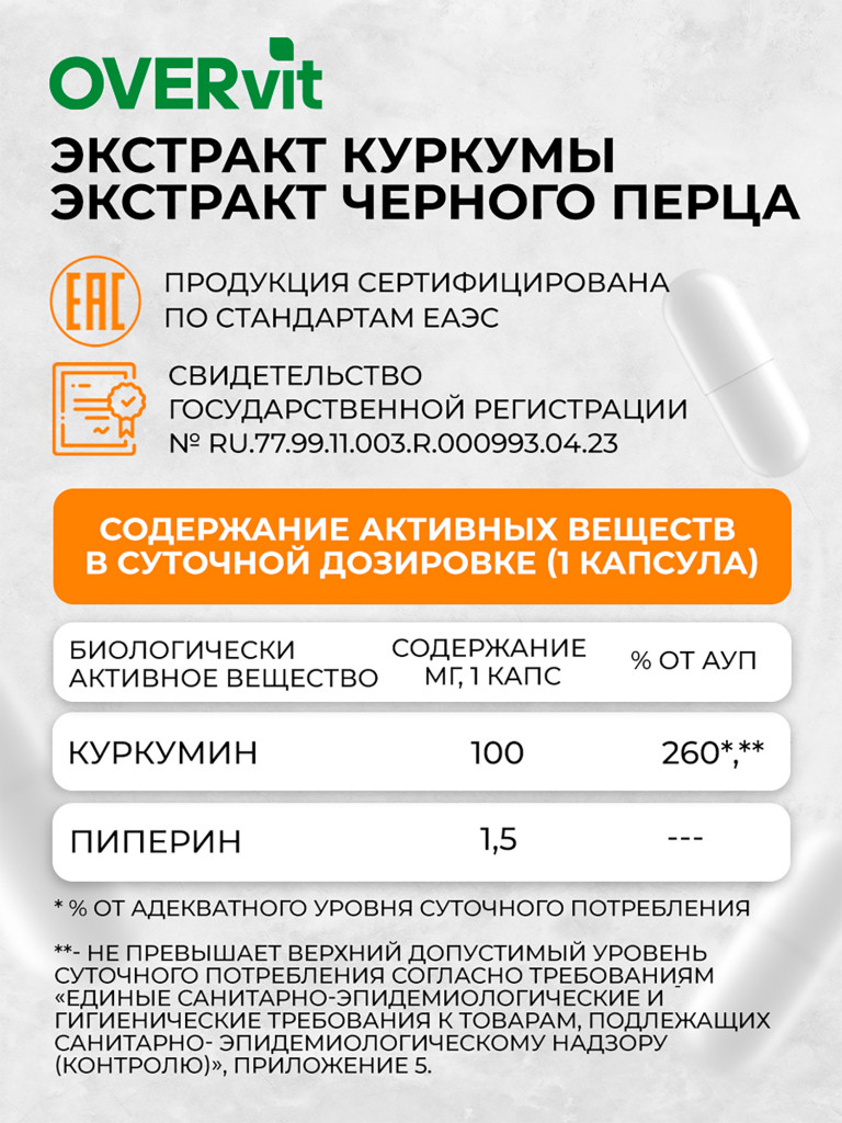 Куркумин с пиперином OVER, 60 капсул