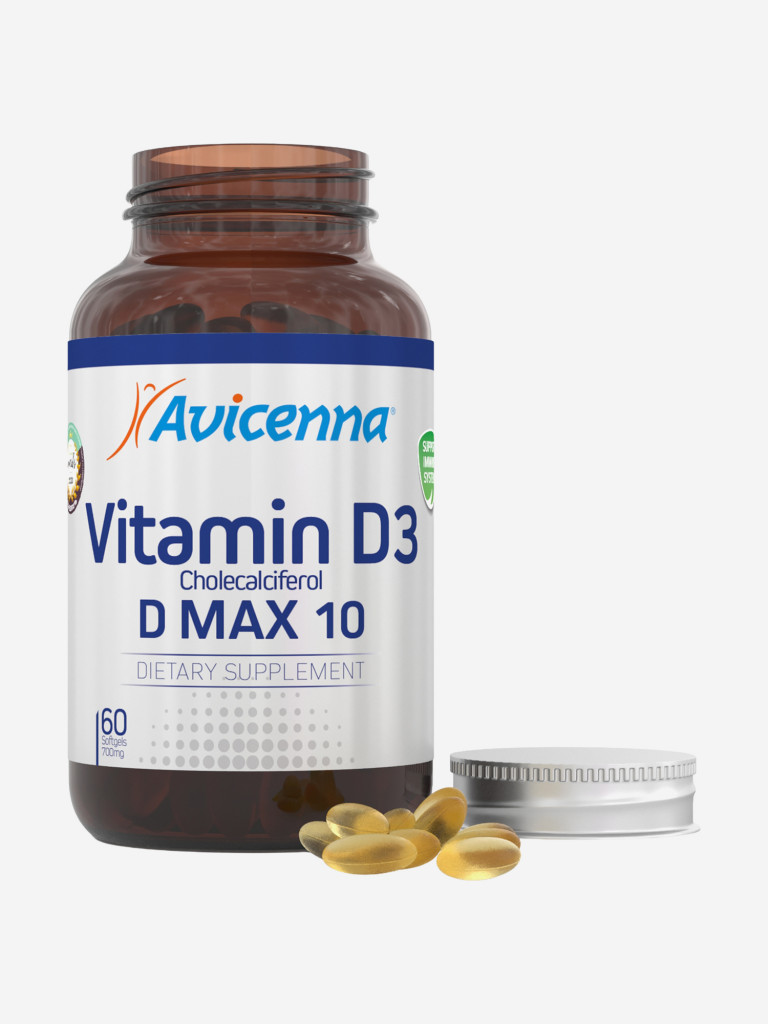 Высокодозированный витамин D3 10.000МЕ Avicenna® Vitamin D3 MAX-10 для иммунитета, костей и мышц, 60 капсул