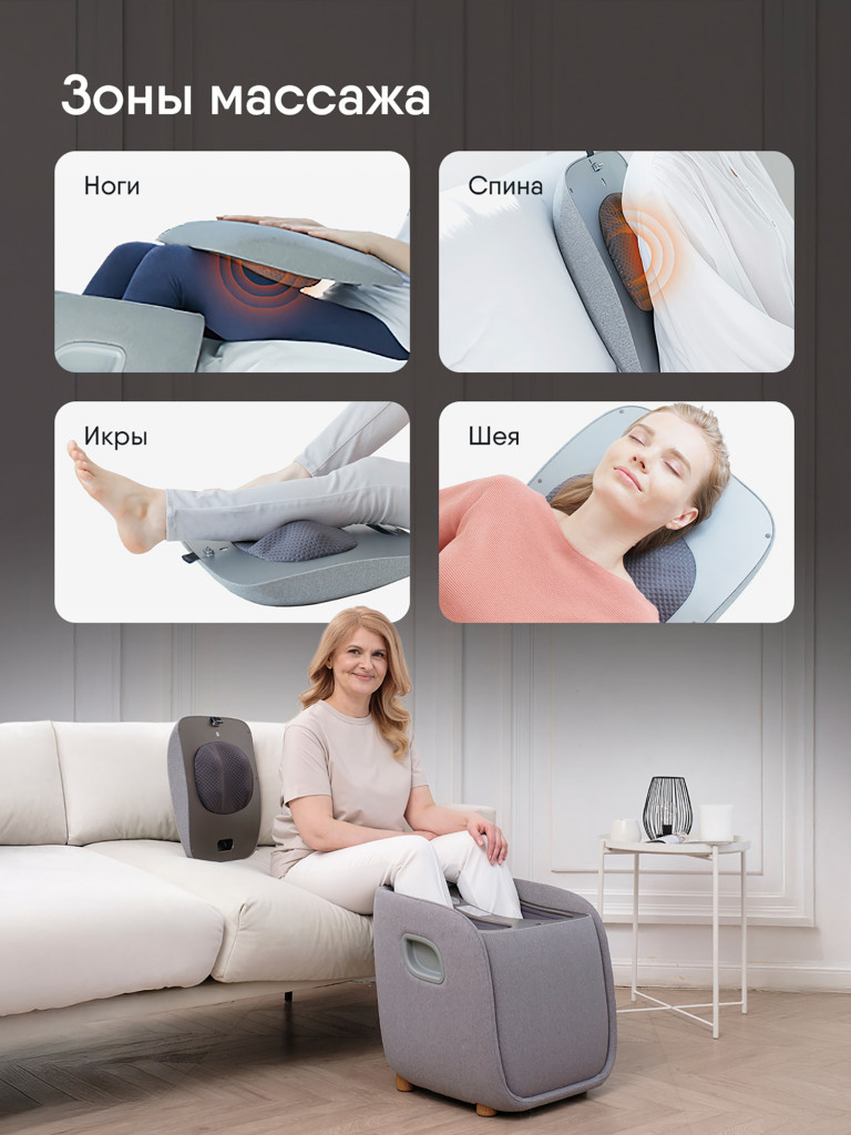 Массажер для ног Ergonova MeTime Ottoman электрический с подогревом лимфодренажный компрессионный и подушка под поясницу