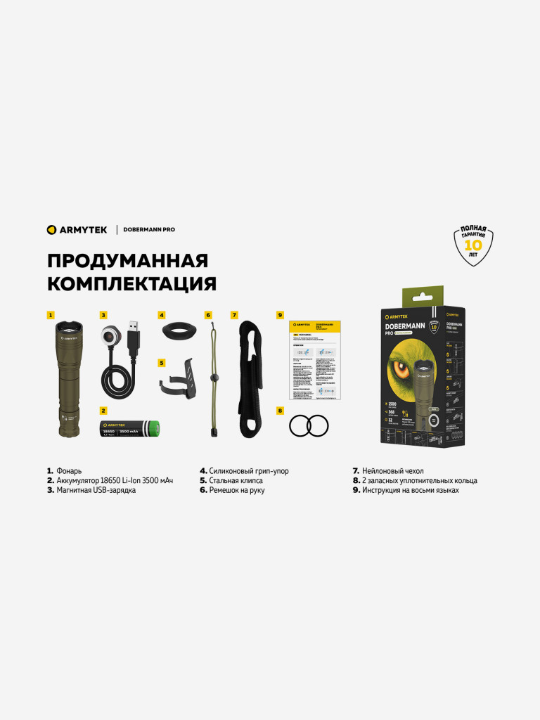 Фонарь светодиодный тактический Armytek Dobermann Pro Magnet USB, 1500 лм, холодный свет