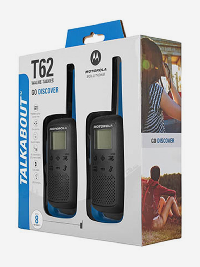 Комплект из двух радиостанций Motorola T62 BLUE (TALKABOUT) Синий цвет —  купить за 6620 руб. со скидкой 15 %, отзывы в интернет-магазине Спортмастер