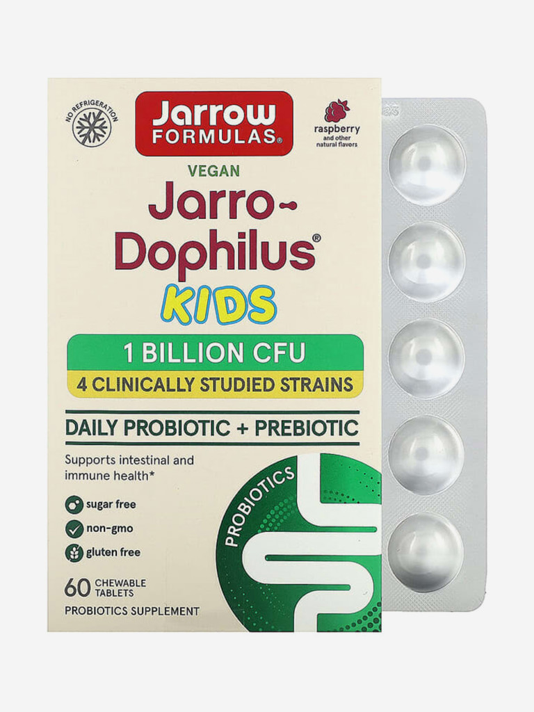 Бад, пробиотик и пребиотик для детей от 4 лет, Jarrow Formulas Jarro-Dophilus Kids 1 billion CFU natural raspberry, 60 chew. tabs