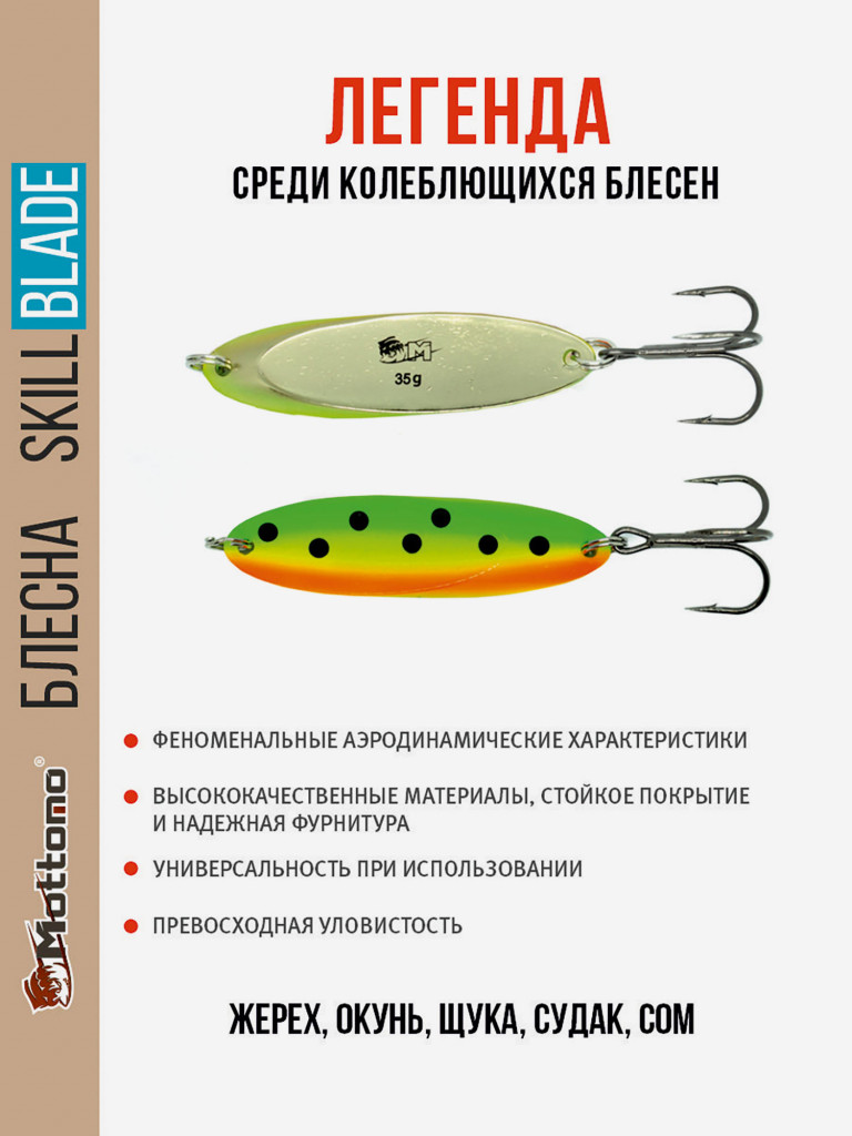 Блесна колеблющаяся для рыбалки Mottomo Skill Blade 35g Fire Tiger. Колебалка на жереха, щуку, окуня, судака, сома