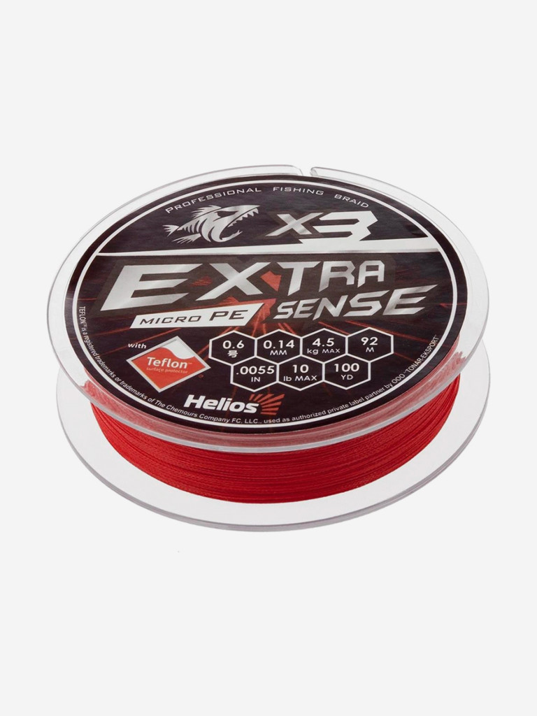 Шнур плетеный для рыбалки Helios Extrasense X3 PE, 92м, 0,14мм, 4,5кг, красный