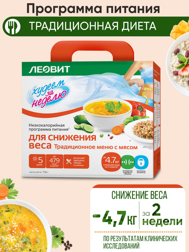 Комплекс питания ЛЕОВИТ Худеем за неделю Традиционное меню с мясом. Кейс