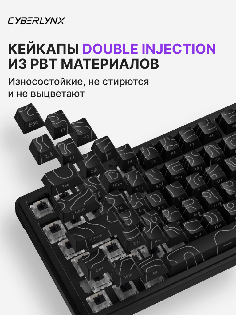 Игровая беспроводная механическая клавиатура CYBERLYNX RX75 черные контурные линии Mute Switch