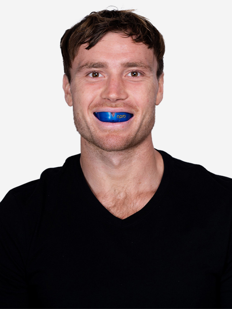 Боксерская капа взрослая, спортивная, защитная для зубов OPRO Self-Fit Gold - Blue/Pearl