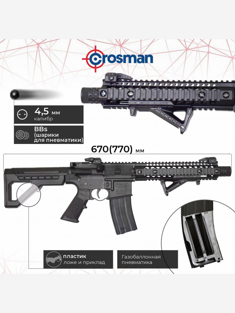 Винтовка пневм. Crosman DPMS SBR, кал. 4,5 мм, (М16 метал, автомат. огонь)