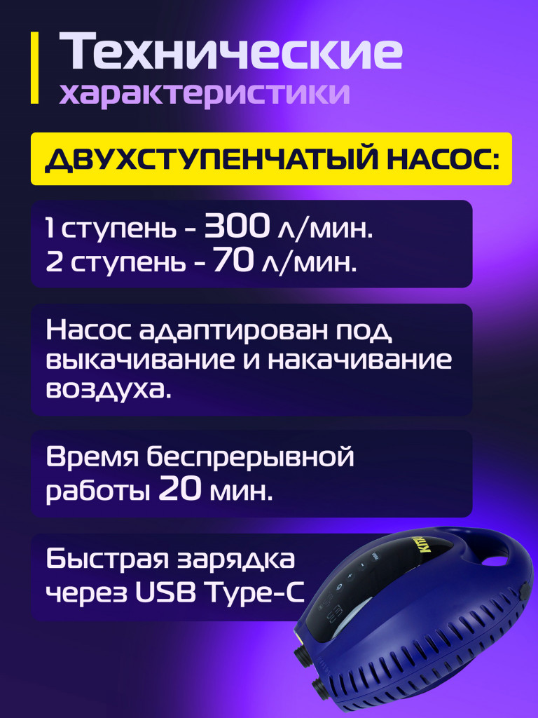 Электрический насос KITAMI KT-797 Plus со встроенным аккумулятором для лодок ПВХ, сапбордов