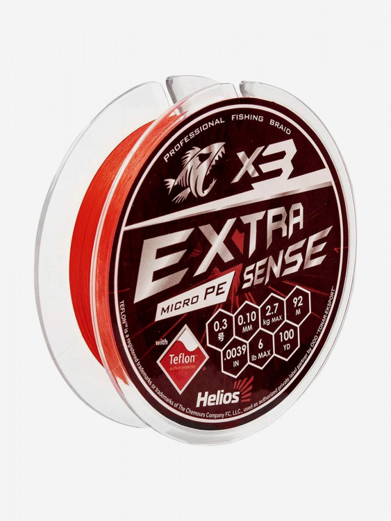 Шнур плетеный для рыбалки Helios Extrasense X3 PE, 92м, 0,10мм, 2,7кг, красный
