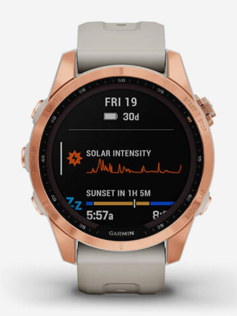 Часы Garmin Fenix 7S Solar с технологией солнечной зарядки, розовое золото с песочным силиконовым ремешком 010-02539-11