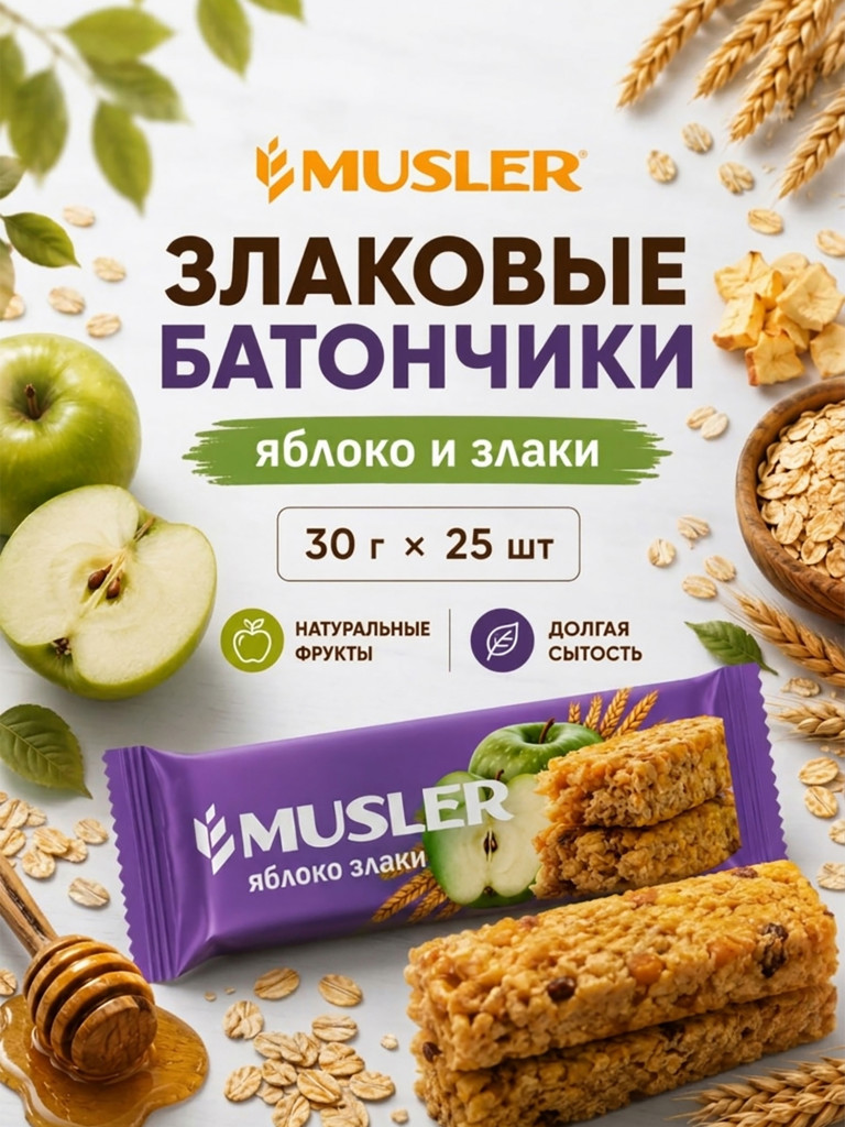 Батончики мюсли детские MUSLER Яблоко, 25 шт
