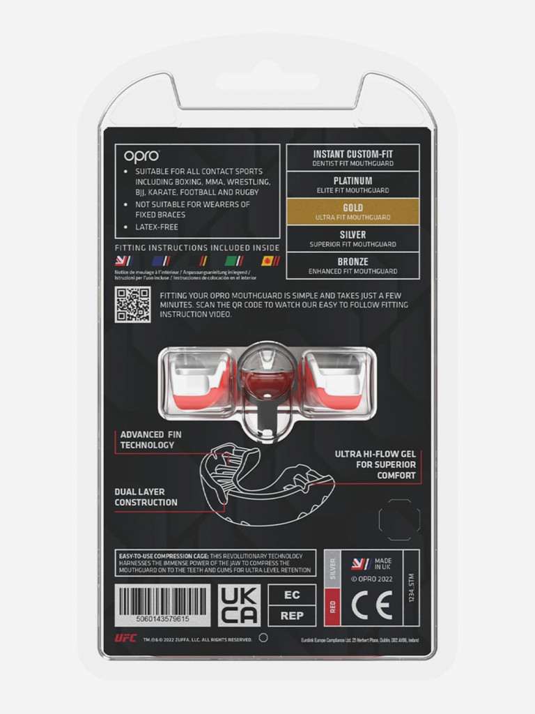 Боксерская капа взрослая, спортивная, защитная для зубов OPRO Self-Fit Gold UFC - Red/Silver