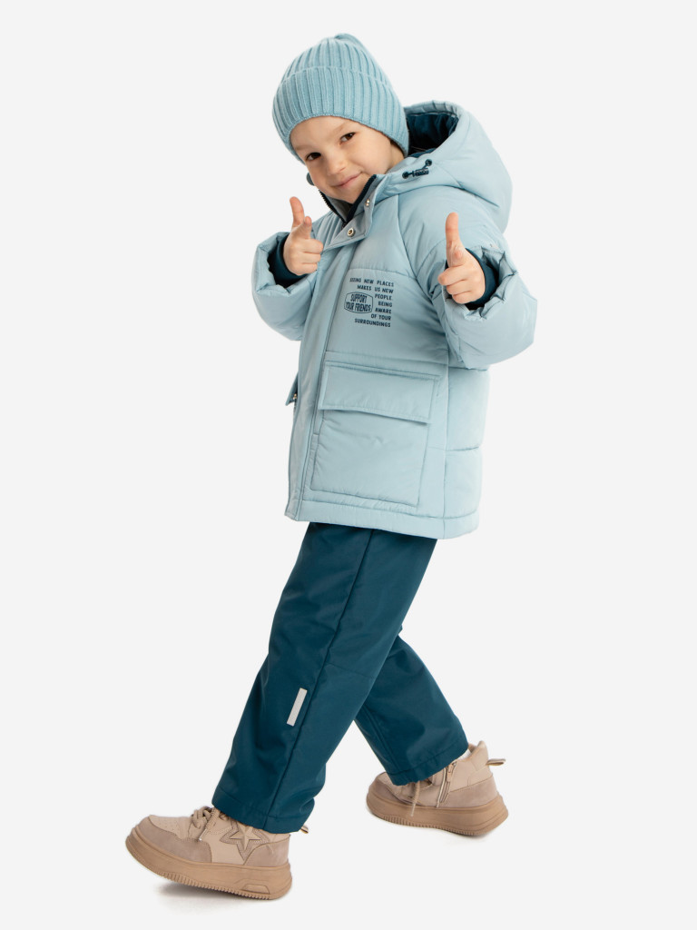 Куртка зимняя водоотталкивающая с капюшоном и манжетами голубая для мальчика Button Blue