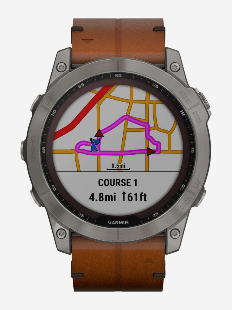 Спортивные титановые наручные часы Garmin Fenix 7X Sapphire Solar с коричневым кожаным ремешком