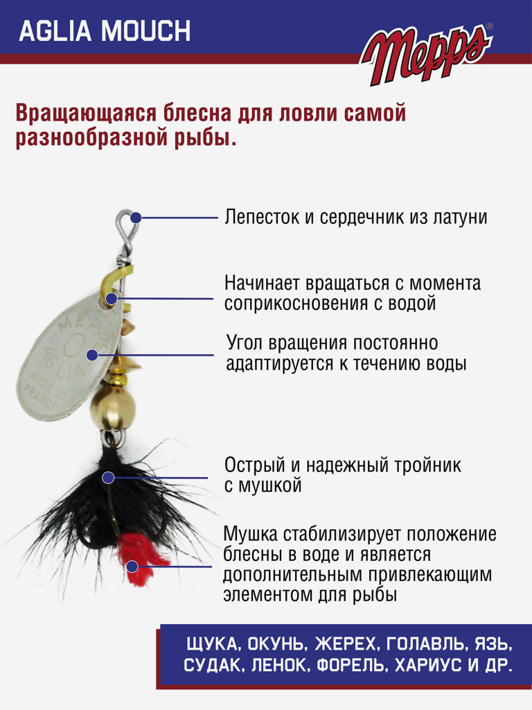 Блесна вращающаяся для рыбалки Mepps AGLIA MOUCH на щуку, окуня