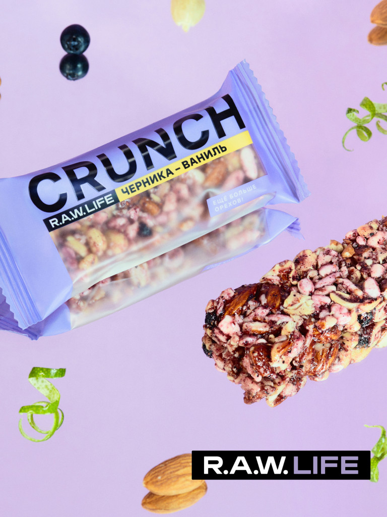Энергетические батончики без сахара Роулайф R.A.W.LIFE CRUNCH / Злаковые, натуральные, много орехов / Черника-Ваниль 12 шт по 30 гр