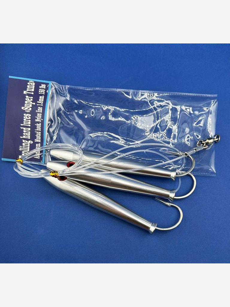 Приманка Blue Marlin Super Tuna 3 x 150 мм 285 г, стая кальмаров из трех штук с крючками Mustad Big Game на супер леске 1.80 мм