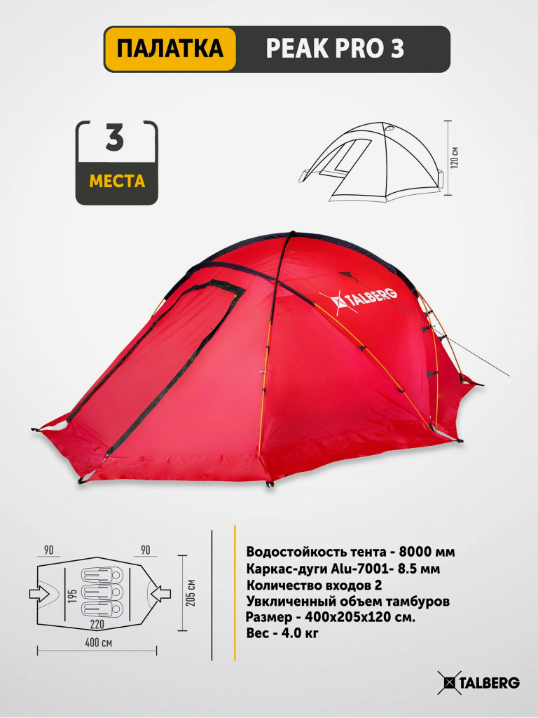 Палатка PEAK PRO 3 RED Talberg, красный