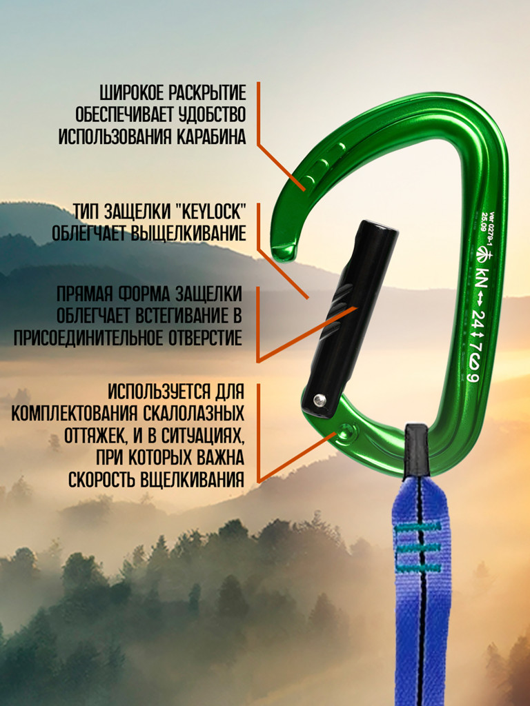 Карабин cкалолазный с прямой защелкой зеленый. Вертикаль