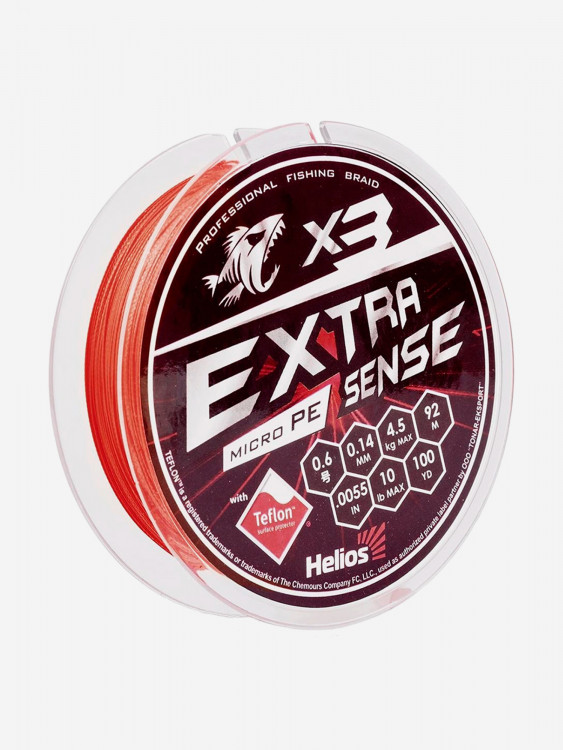Шнур плетеный для рыбалки Helios Extrasense X3 PE, 92м, 0,14мм, 4,5кг, красный