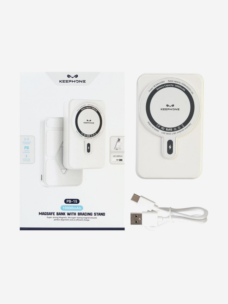 Повербанк с беспроводной зарядкой для телефона KEEPHONE Snap Stand / Быстрая зарядка аккумулятора: 10000 мАч, подставка — Белый