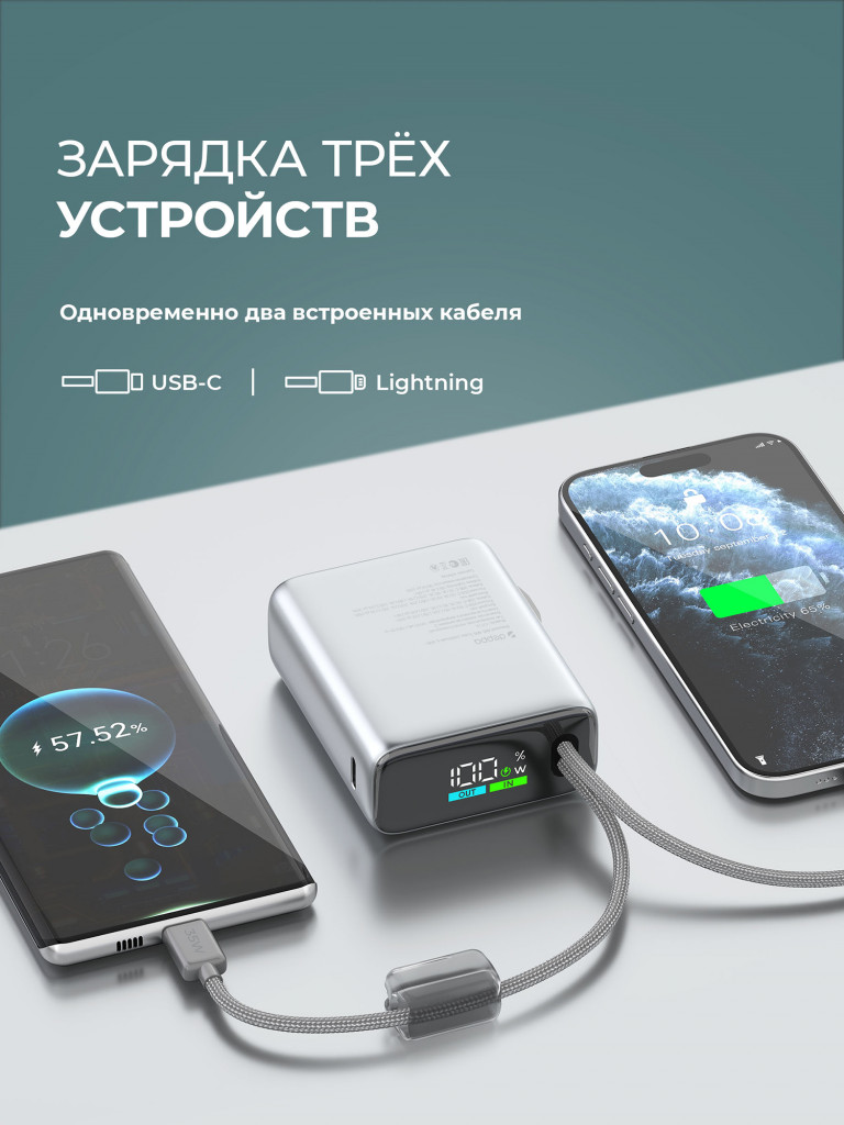 Внешний аккумулятор NRG Turbo 10000 мА-ч (38.5 Вт-ч), 35Вт вых., USB-C / Lightning кабели, цветной дисплей