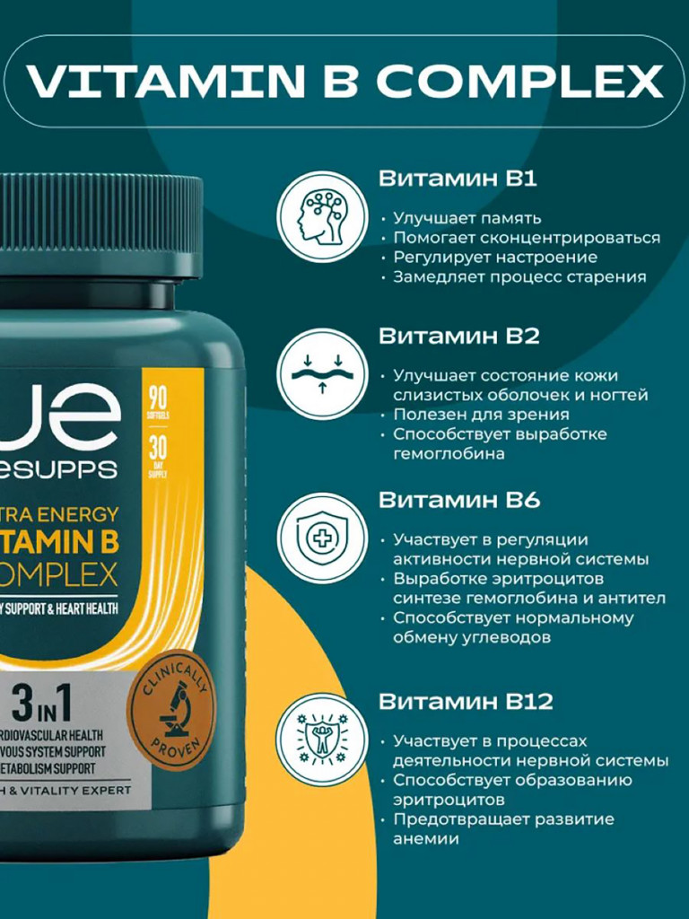 Витамины группы B UESUPPS Ultra Energy, 90 капсул БАДы