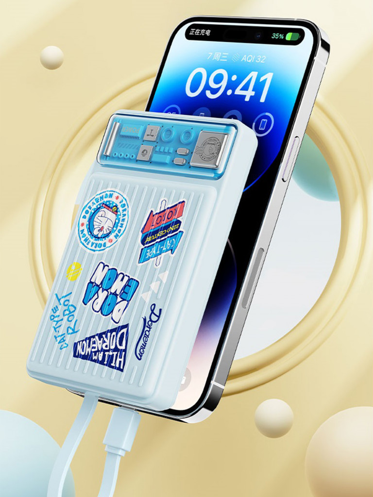 Внешний аккумулятор с авторским дизайном с кабелем Rock Doraemon P92 Dual PD20W Travel Series Power Bank with Cables 10000mAh синий