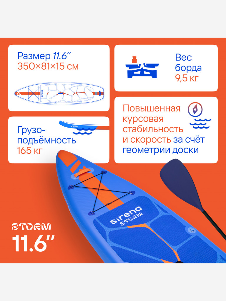 Надувная SUP-доска SIRENA STORM 11.6, 350*81*15см, двухслойная, с веслом-каяк, двухфазным насосом и страховочным лишем