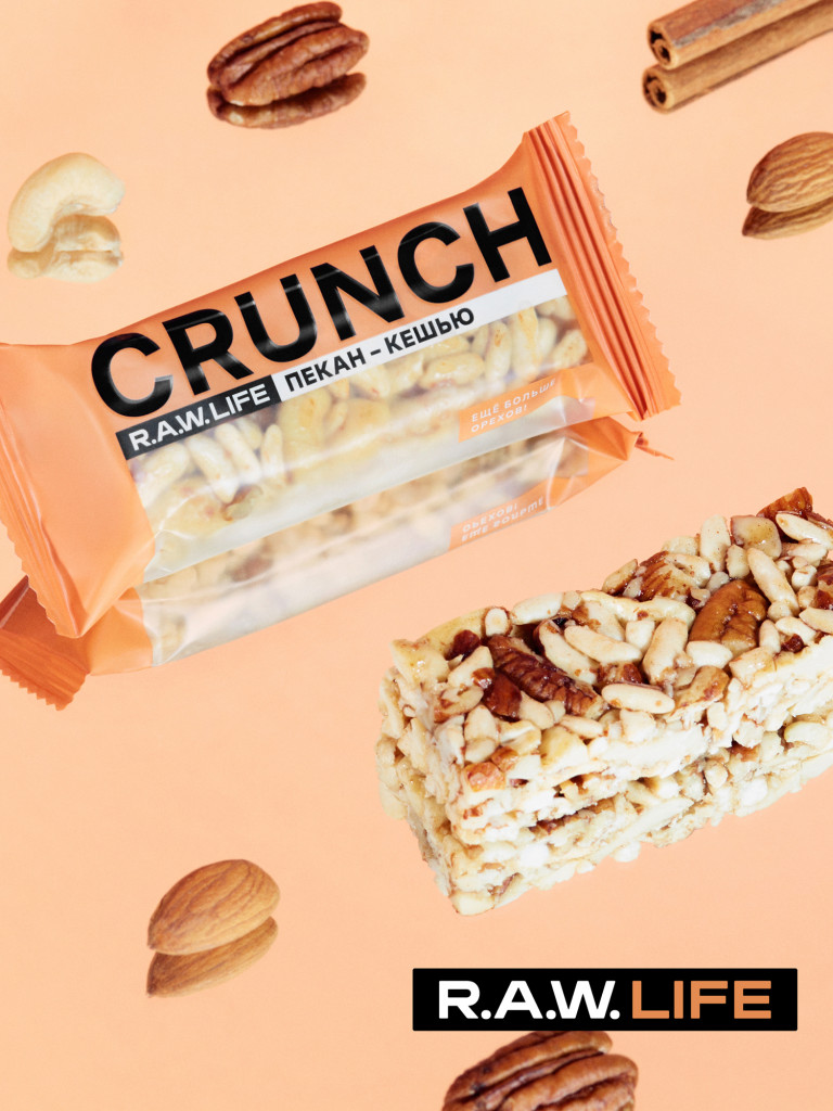 Энергетические батончики без сахара Роулайф R.A.W.LIFE CRUNCH / Злаковые, натуральные, много орехов / Пекан-Кешью 12 шт по 30 гр