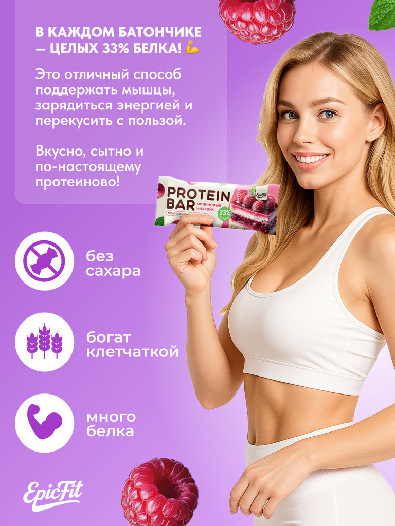 Протеиновые батончики без сахара, без глазури,Малиновый чизкейк, 16шт