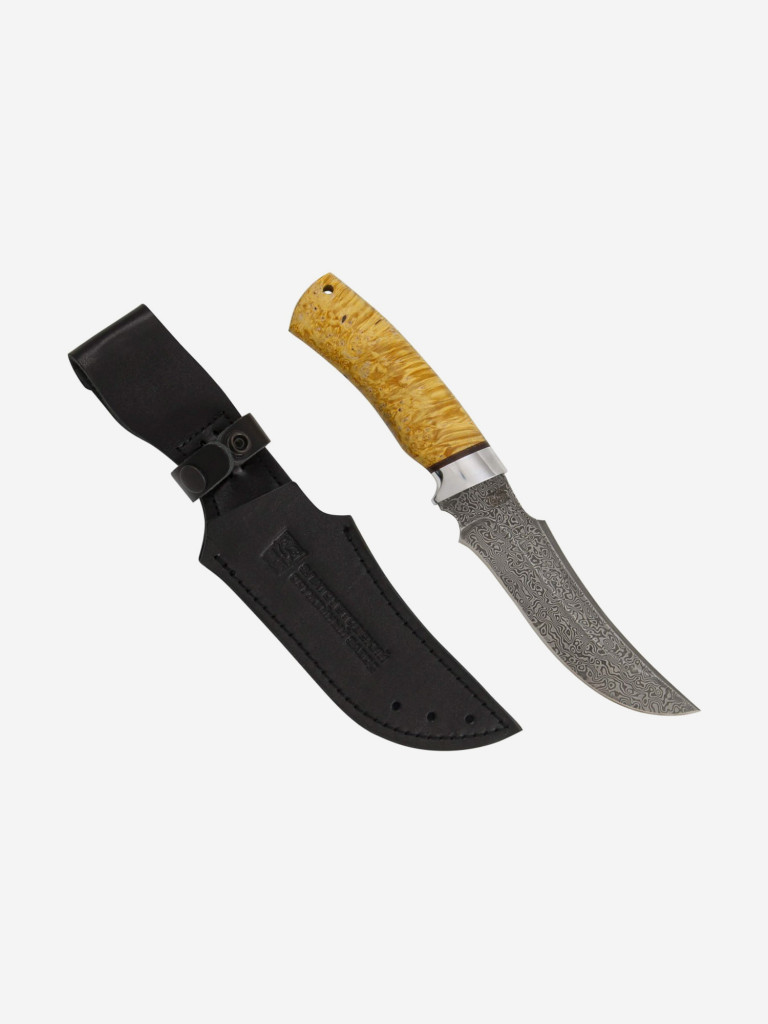 Нож Златоустовский оружейный завод Сокол (нержавеющая дамасская сталь дикии, кап клёна стабилизированный/ал.) нож для охоты, разделочный нож