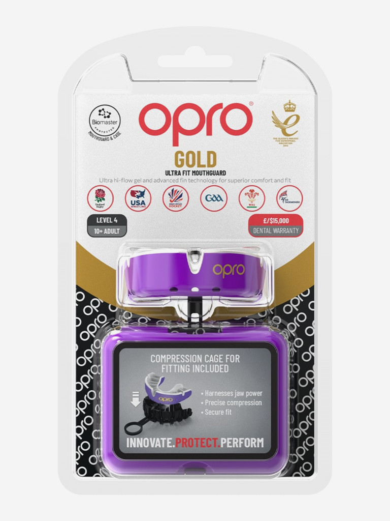 Боксерская капа взрослая, спортивная, защитная для зубов OPRO Self-Fit Gold - Purple/Pearl