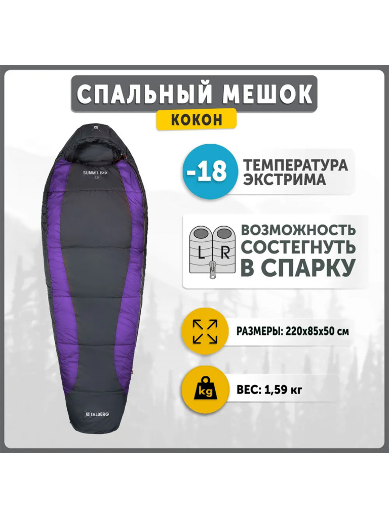 Спальный мешок SUMMIT EXP -18°C, серый/фиолетовый, правый